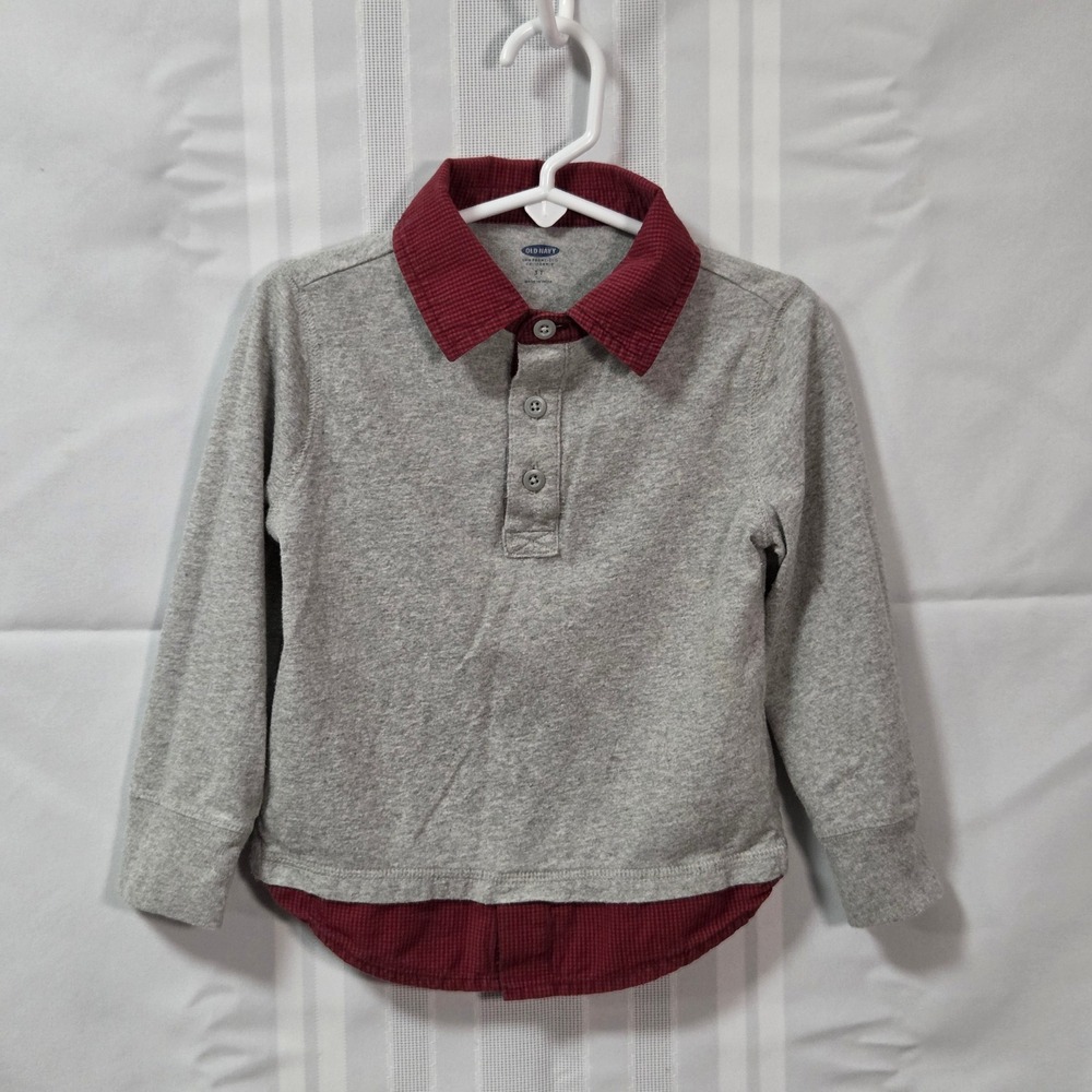 Old Navy Polo Shirt Boys 3T Grey Red Layered Gingham Collar Long Sleeve Preppy